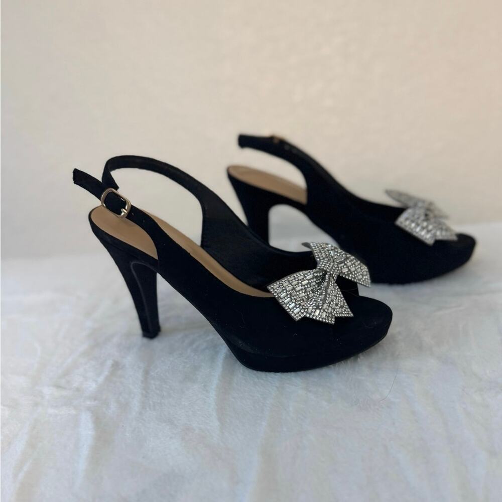 Boutique Faux Suede Slingback Heels Rhinestone Bow
